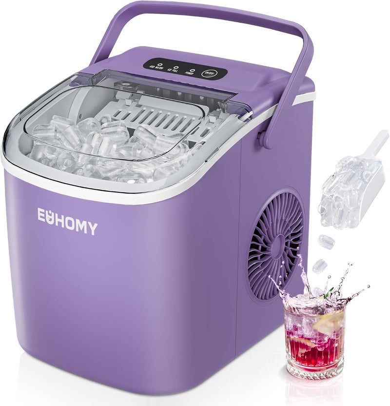 EUHOMY Countertop Ice Maker Machine with Handle, 26lbs Per Day, 9 Ice Cubes Ready in 6 Mins, Auto-Cleaning Portable Ice Maker with Basket and Scoop, for Home/Kitchen/Camping/RV (Purple) - Image 1